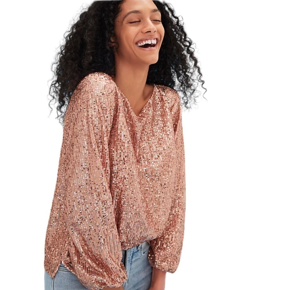 Loft NWT Pink Sequin Puff Sleeve Blouse Pullover Size XS